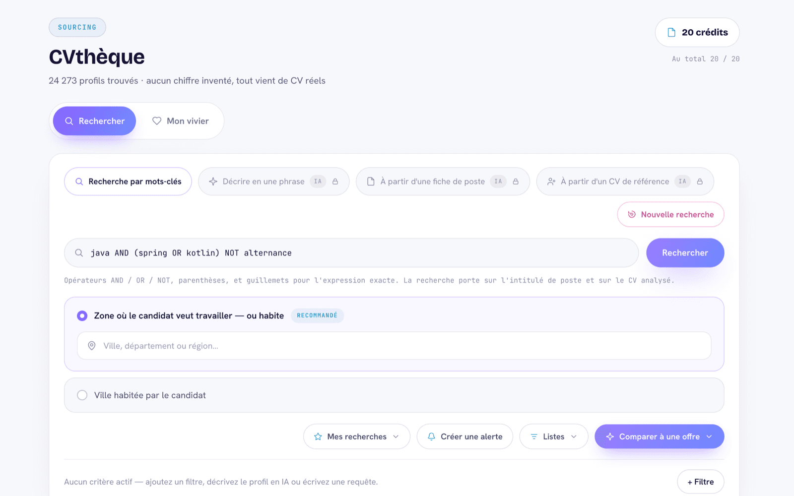 La CVthèque et ses quatre modes de recherche : mots-clés, description en une phrase, fiche de poste, CV de référence.